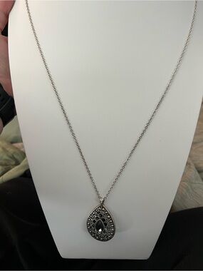 Paparazzi Long Silver Teardrop Pendant Necklace with Black Stone